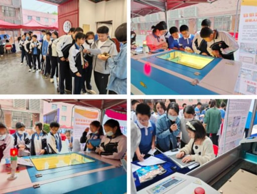 展位前排起長(zhǎng)長(zhǎng)的隊(duì)伍，同學(xué)們對(duì)激光造物和開(kāi)源機(jī)器人產(chǎn)生了濃厚的興趣。